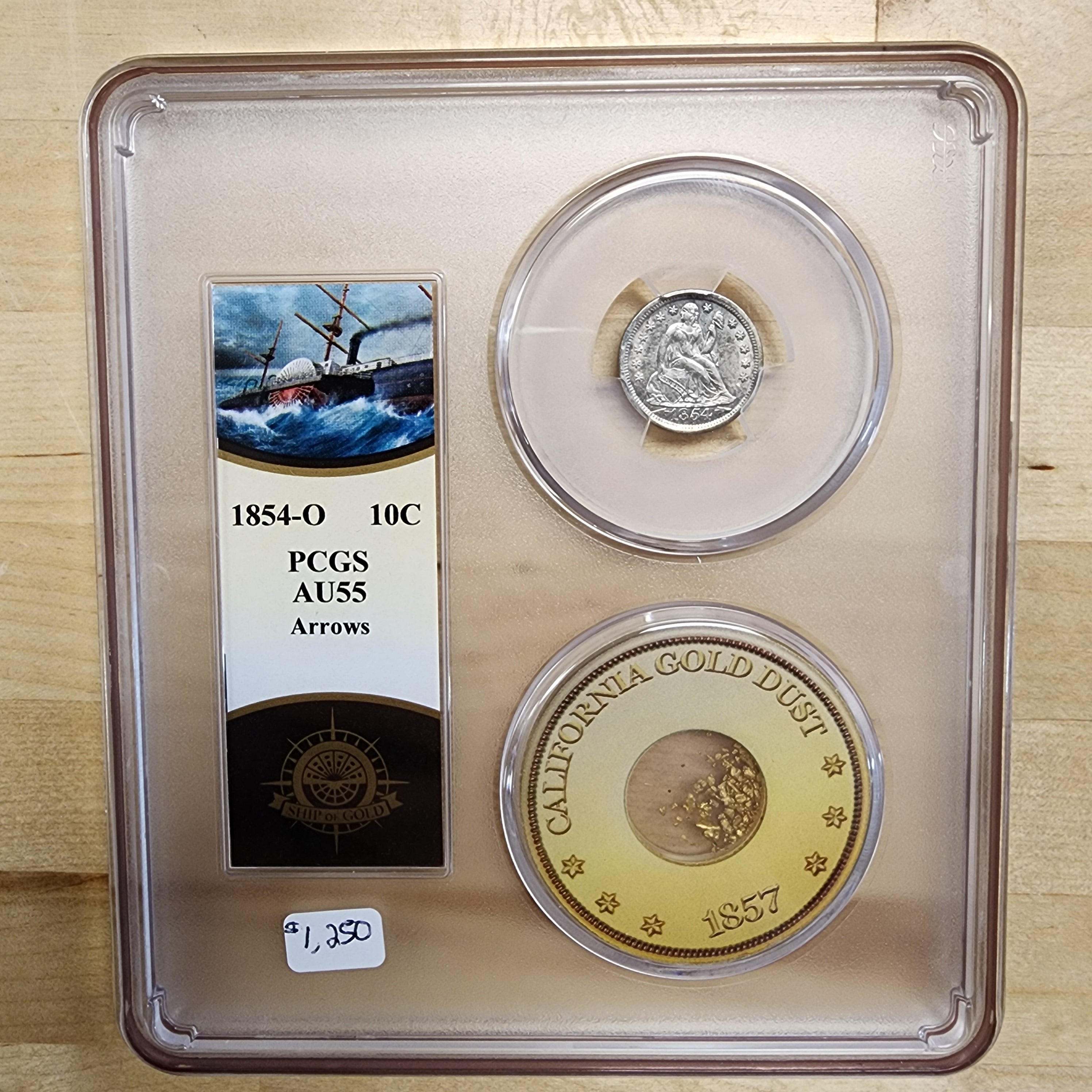 SS Central America “Ship of Gold” Shipwreck 1854-O Arrows Seated Dime & California Gold Pinch, PCGS AU55 & Bob Evans Sig
