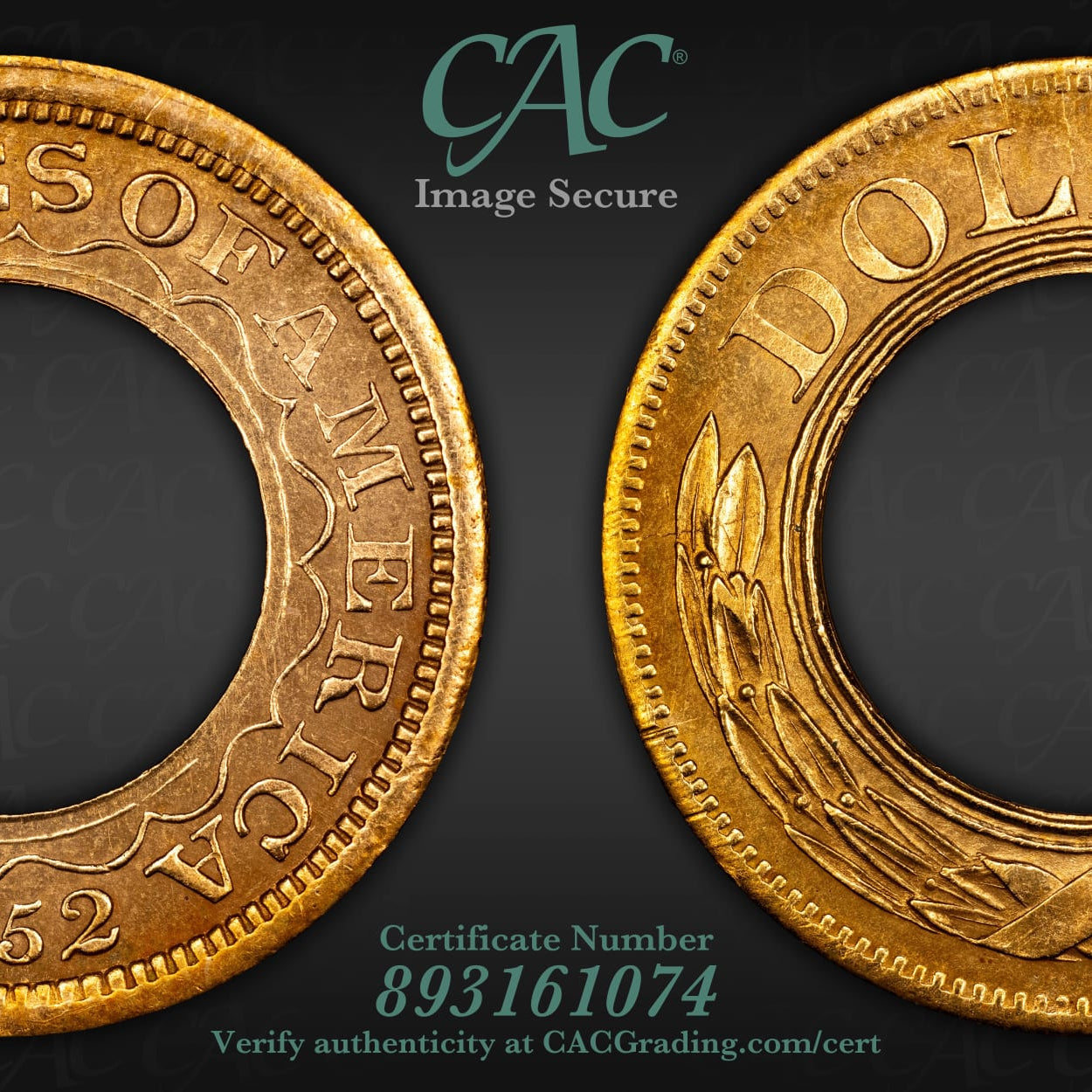 1852 G$1 J-147 Gilt PR65 CAC Pattern 1 of 3 Known, Finest Known