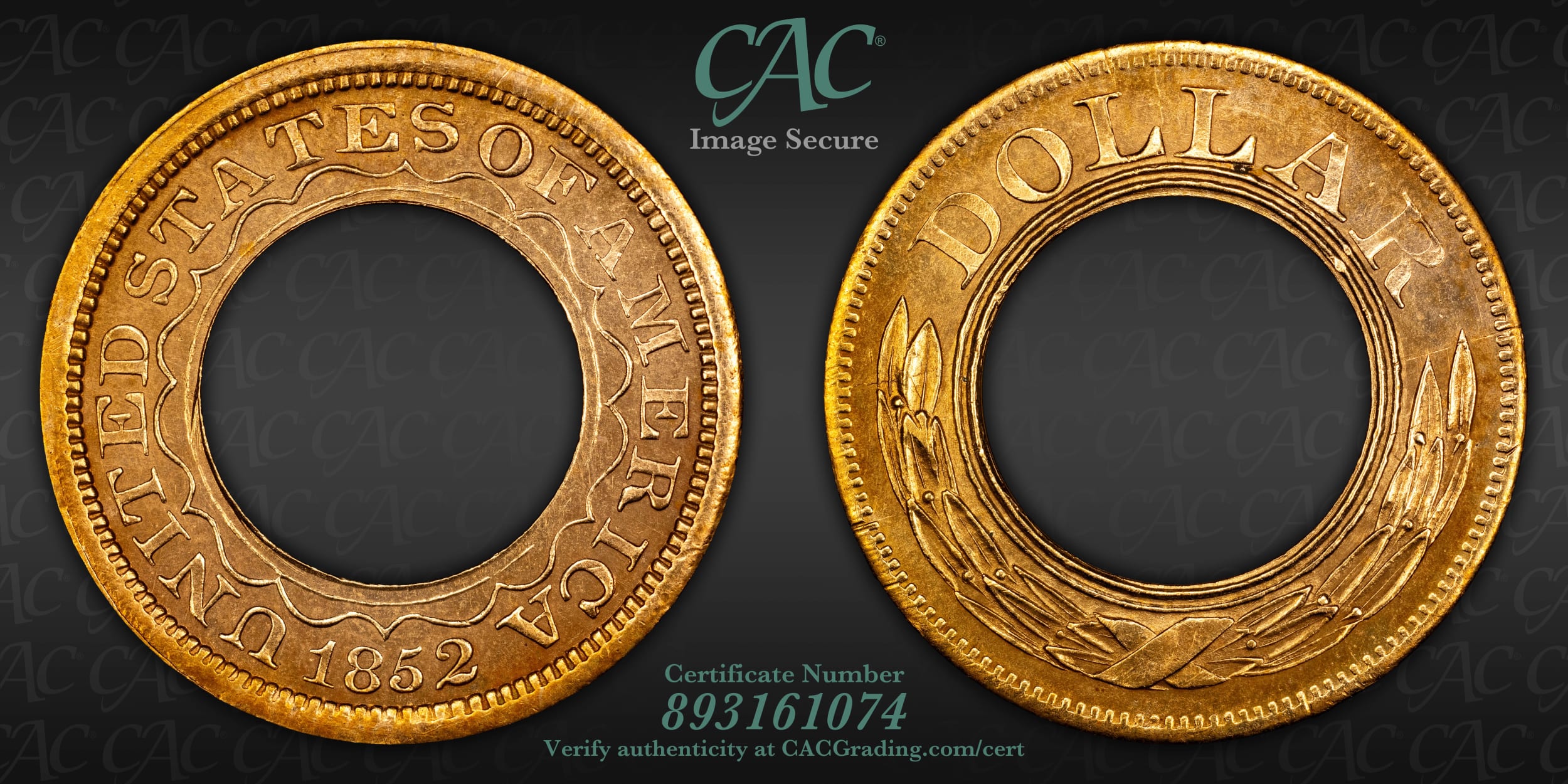 1852 G$1 J-147 Gilt PR65 CAC Pattern 1 of 3 Known, Finest Known